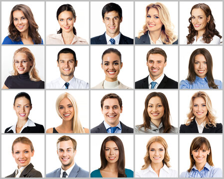 Collection collage set image - face portraits ethnically diverse and mixed age group, many different businesspeople professionals, confident men, women, employee executive, isolated white background.