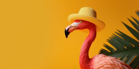 Summer festive with flamingo on yellow background, Tropical summer time. Generative AI
