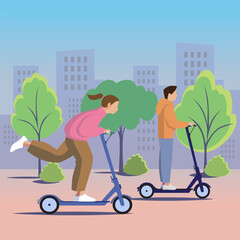 Young woman and young man riding push scooters in the city flat vector illustration