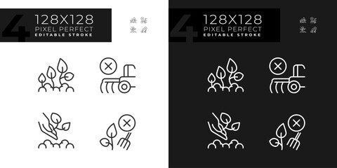 Ecological farming linear icons set for dark, light mode. Environmentally friendly. Organic agriculture. Growing food. Thin line symbols for night, day theme. Isolated illustrations. Editable stroke