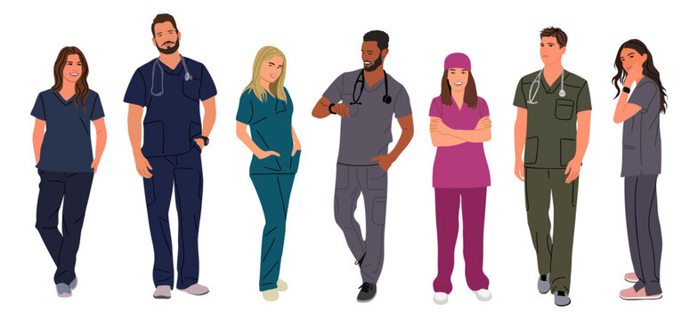 Set of smiling doctors, nurses, paramedics. Different male and female medic workers in uniform scrubs with stethoscopes. Flat cartoon realistic vector illustration isolated on transparent background. 