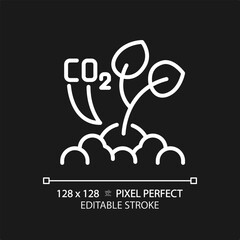 Sequestering carbon white linear icon for dark theme. CO2 storage. Organic farming. Regenerative agriculture. Global warming. Thin line illustration. Isolated symbol for night mode. Editable stroke