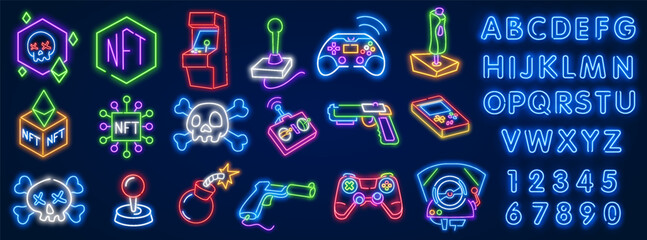 Games time neon text with gamepad. Technology and entertainment concept. Advertisement design. - obrazy, fototapety, plakaty