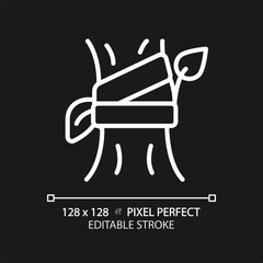 Grafting white linear icon for dark theme. Plant propagation. Vegetative reproduction. Fruit tree. Horticultural technique. Thin line illustration. Isolated symbol for night mode. Editable stroke