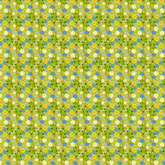 Fun delicate summer seamless pattern Bright multicolor flowers and small butterflies on a green background