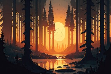 beautiful sunset in a serene forest setting. Generative AI