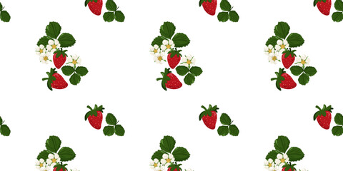 Seamless pattern with strawberry berries and flowers, green leaves. Vector illustration. Hand drawing. Suitable for wallpaper, web page background, surface textures, textile.