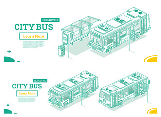 City Bus and Bus Stop. Isometric Outline Concept.