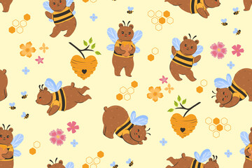 Seamless pattern with cute bee bear. Vector graphics.