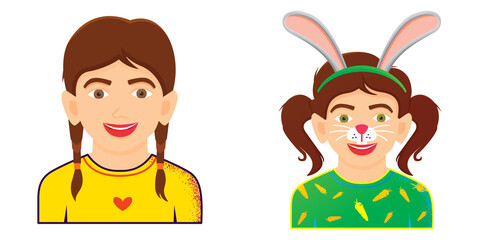 Portrait of Funny Girl in Yellow T-Shirt Isolated on White Background. Face Painting Icon with Girl with Rabbit Painting.