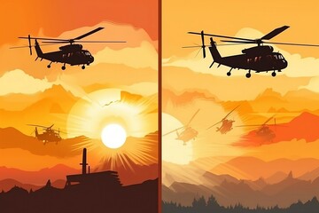 Fototapeta na wymiar Illustrations of helicopters extinguishing a fire or working in a combat zone. Against the background of the sunset. Generative AI image