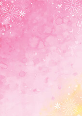 水彩のピンク色のグラデーションに光と花を添えた縦型背景