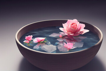 Obraz na płótnie Canvas Rose bud and petals in a bowl with clear water, spa concept, zen, generative AI