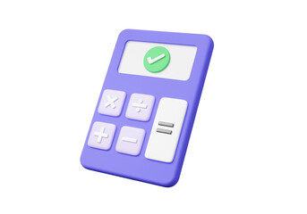 Calculator icon isolated with check mark financial, graph economics analytics. cost reduction saving education concept. 3d render illustration - obrazy, fototapety, plakaty