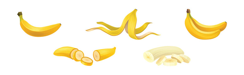 Yellow Sweet Banana Fruit with Peel Vector Set
