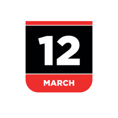 12th March Calendar vector icon. 12 March typography.