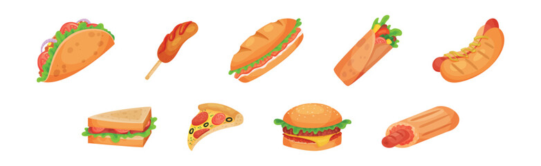 Street Fast Food with Pizza, Hot Dog, Hamburger, Sandwich and Taco Vector Set