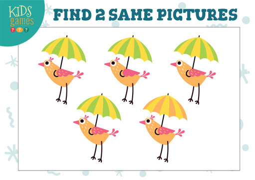 Find two same pictures kids puzzle vector illustration. Activity for preschool children