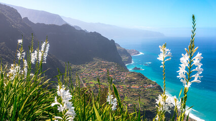 View of the coast and the municipality of Arco de São Jorge from the Miradouro da Beira da Quinta viewpoint on the island of Madeira in Portugal
