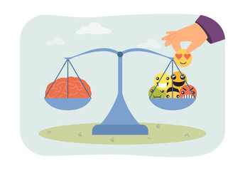 Naklejka premium Hand putting emotions on scales with brain vector illustration. Cartoon drawing of scales with mind and emoticons with different expressions. Emotional intelligence, psychology, balance concept