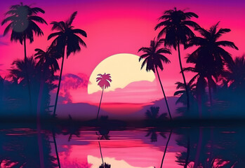 Fototapeta na wymiar tropical sunset with trees vaporwave neon colors