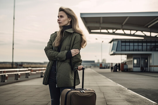 Beautiful young woman in a green coat with a suitcase at the airport. Generative AI