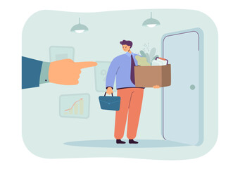 Obraz na płótnie Canvas Huge hand of boss and fired office worker vector illustration. Cartoon drawing of sad man holding cardboard box with belongings. Unemployment, occupation, career, loosing job concept