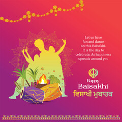 Happy Baisakhi in English and Punjabi Language Typography, Baisakhi Festival, Vaisakhi Celebrations, Social Media Design