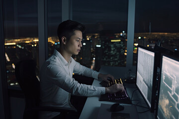 Asian young asian man working on computer at night in dark office. Generative AI