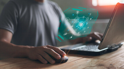 Modern technologies and cloud computing connection concept with digital light cloud icons with wi-fi symbol inside surrounded by social signs on man hands using laptop background, double exposure