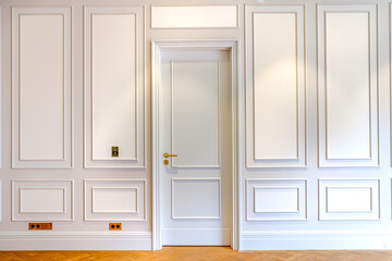frontal shot of a minimalistic interior, a white wall and a closed door