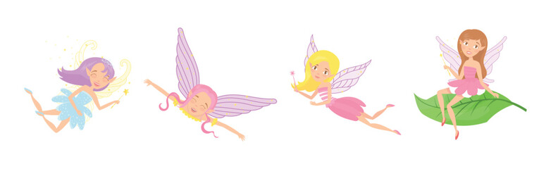 Little Fairy or Pixie with Wings with Magic Wand Vector Illustration Set