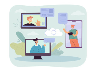 Happy enterprise workers communicating via different devices. Tablet, smartphone and computer screens with colleagues on video call vector illustration. Communication, teamwork or cooperation concept