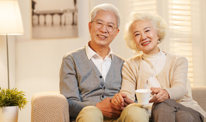 Happiness of the elderly couple sitting on the sofa to chat
