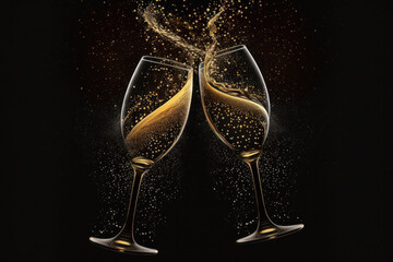 Two glasses of champagne on a black background with gold confetti. Generative AI