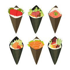 Set of Delicious Temaki or Cone Sushi with various topping. Japanese Cuisine. Watercolor vector illustration on white background