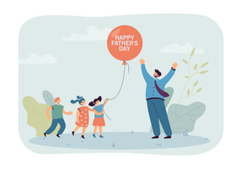 Happy children with big balloon for father vector illustration. Cartoon drawing of kids giving dad balloon with happy father day text. Father day, family, love, childhood, fatherhood concept