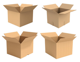 A collection of four simple open cardboard boxes on a transparent background, Generative AI