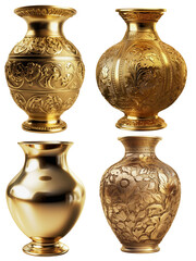 A collection of four heavy solid gold vases on a transparent background, Generative AI