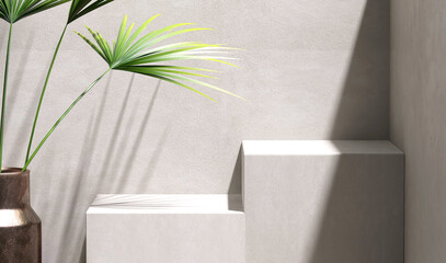 Two square geometric design step concrete podium, palm tree in sunlight, shadow on gray cement corner loft wall for modern luxury beauty, cosmetic, organic, fashion product display background 3D