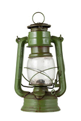 Old metal green kerosene lamp with glass shade. Transparent background.