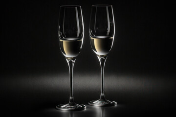 A minimalist yet elegant composition of two champagne glasses on a black background. Generative AI