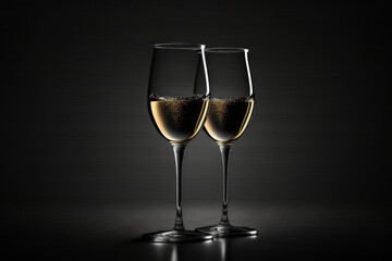 A minimalist yet elegant composition of two champagne glasses on a black background. Generative AI