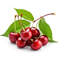 Closeup of fresh raw organic ripe cherries and green leaves with white background Generative AI Illustration