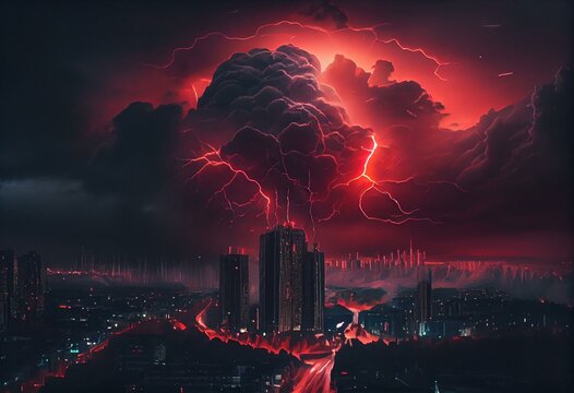 Red storm clouds far from a distance above the night city. Generative AI