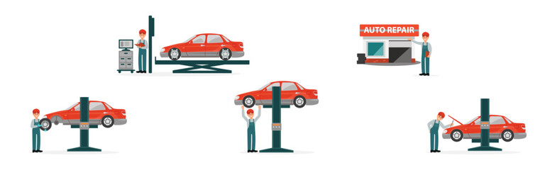 Car or Auto Mechanic Repairing and Executing Maintenance of Automobile Vector Illustration Set