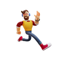 3D illustration. 3D Cartoon Design Man in running position. listen to music using earbuds. with a beautiful smile. 3D Cartoon Character
