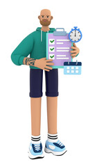 Male character holding checklist with clock and calendar icons. Planning, scheduling, achievement in business, data infographic concept. 3d render illustration on white background