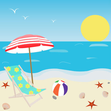 Summer, seascape, landscape. Blue sky, horizon, water, yellow sun, sand, parasol, ball, sun lounger, shells, starfish, birds. Hello summer. Ocean day. Vector image, illustration. Postcard, card.