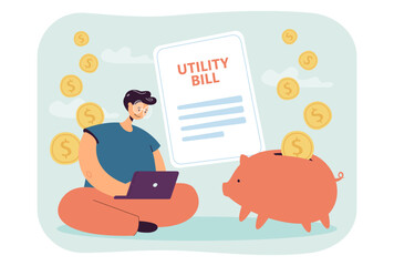 Happy man with laptop and piggybank checking utility bill. Person spending savings on payment for water, electricity consumption vector illustration. Household, finances, utility bills concept